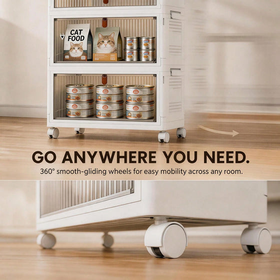 Rolling storage bins holding canned pet food