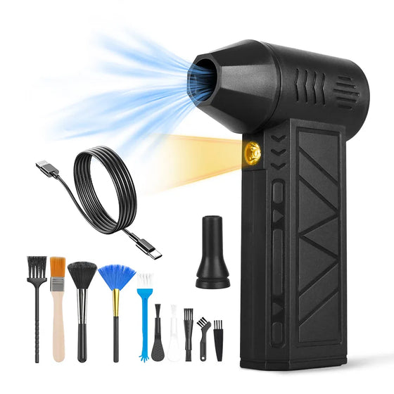 Black air duster with cable, nozzle and brushes, alternate view