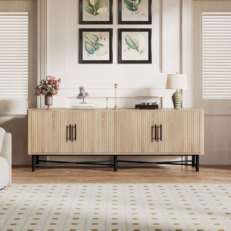 4-Door TV Cabinet with Adjustable Shelves Natural Finish