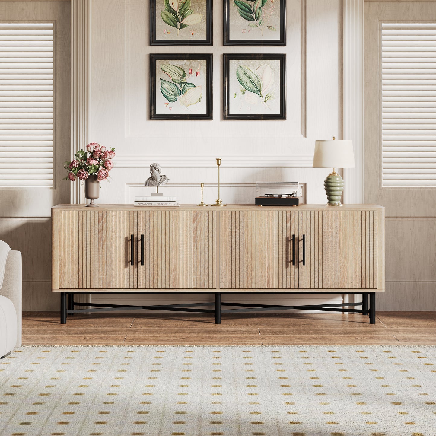 4-Door TV Cabinet with Adjustable Shelves Natural Finish
