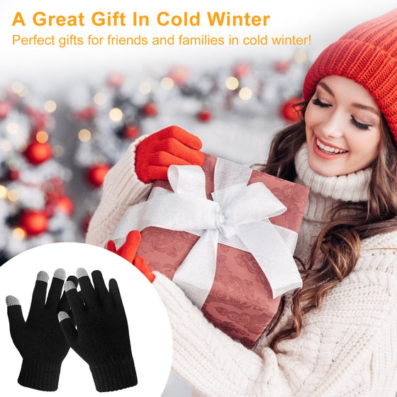 Woman holding a gift box with an inset of black knit gloves