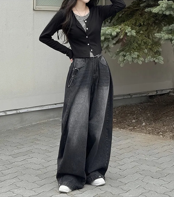 Vintage Washed Wide Leg Jeans with Ankle Button Detail