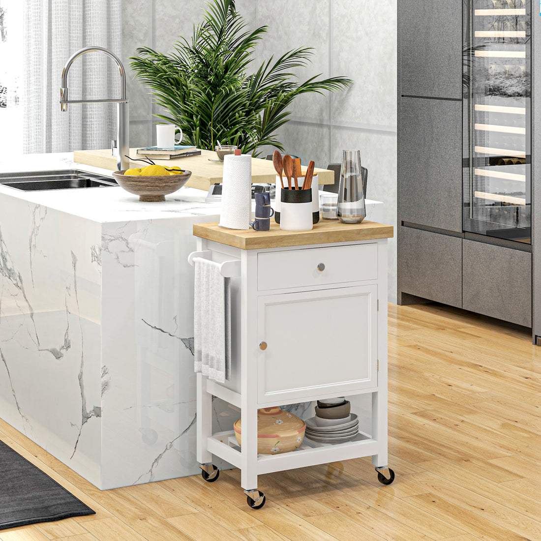 Rolling kitchen island cart with rubberwood butcher block top