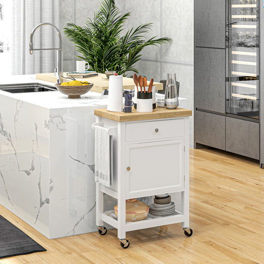 Rolling kitchen island cart with rubberwood butcher block top