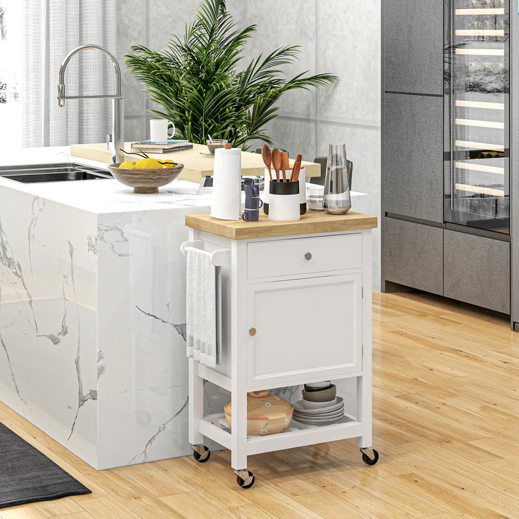 Rolling kitchen island cart with rubberwood butcher block top