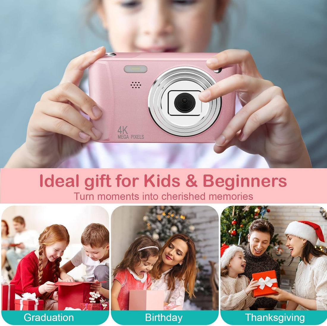 Child holding the pink kids digital camera, with graduation, birthday and holiday photos