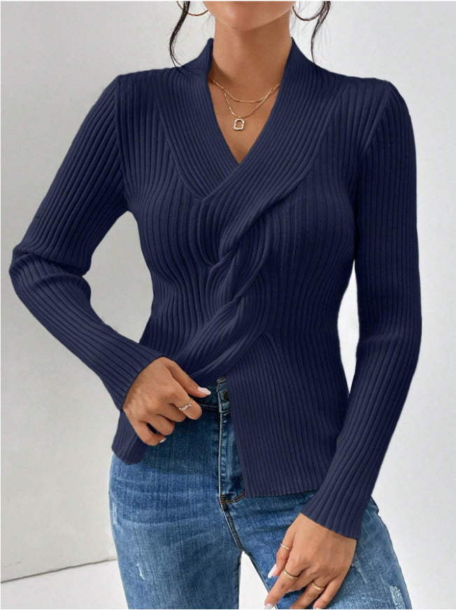 Women's Solid Color V-Neck Long Sleeve Slim Fit Knit Sweater