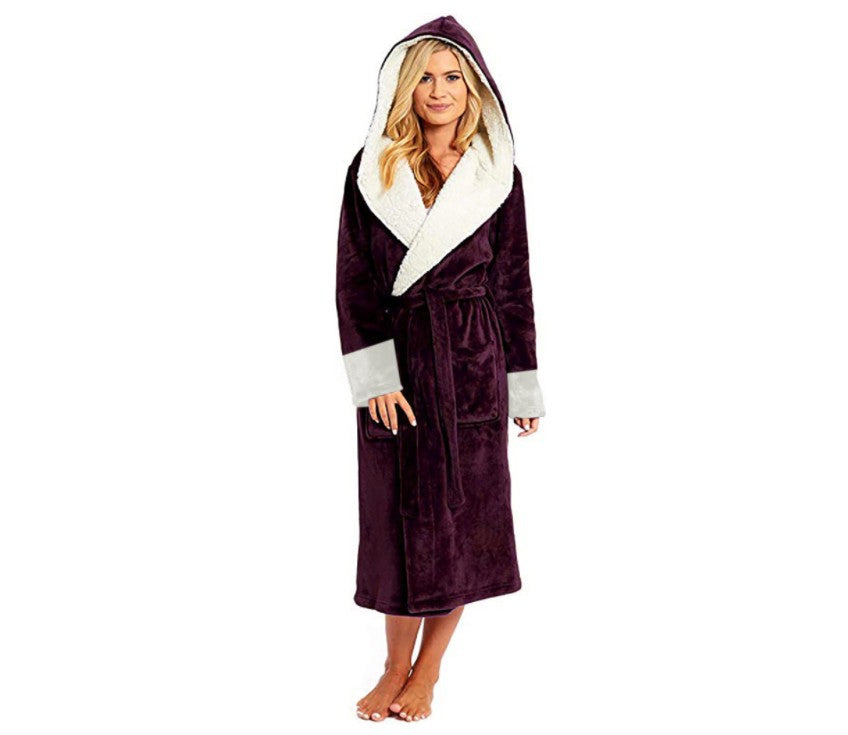 Long Hooded Bathrobe Nightgown with Belt