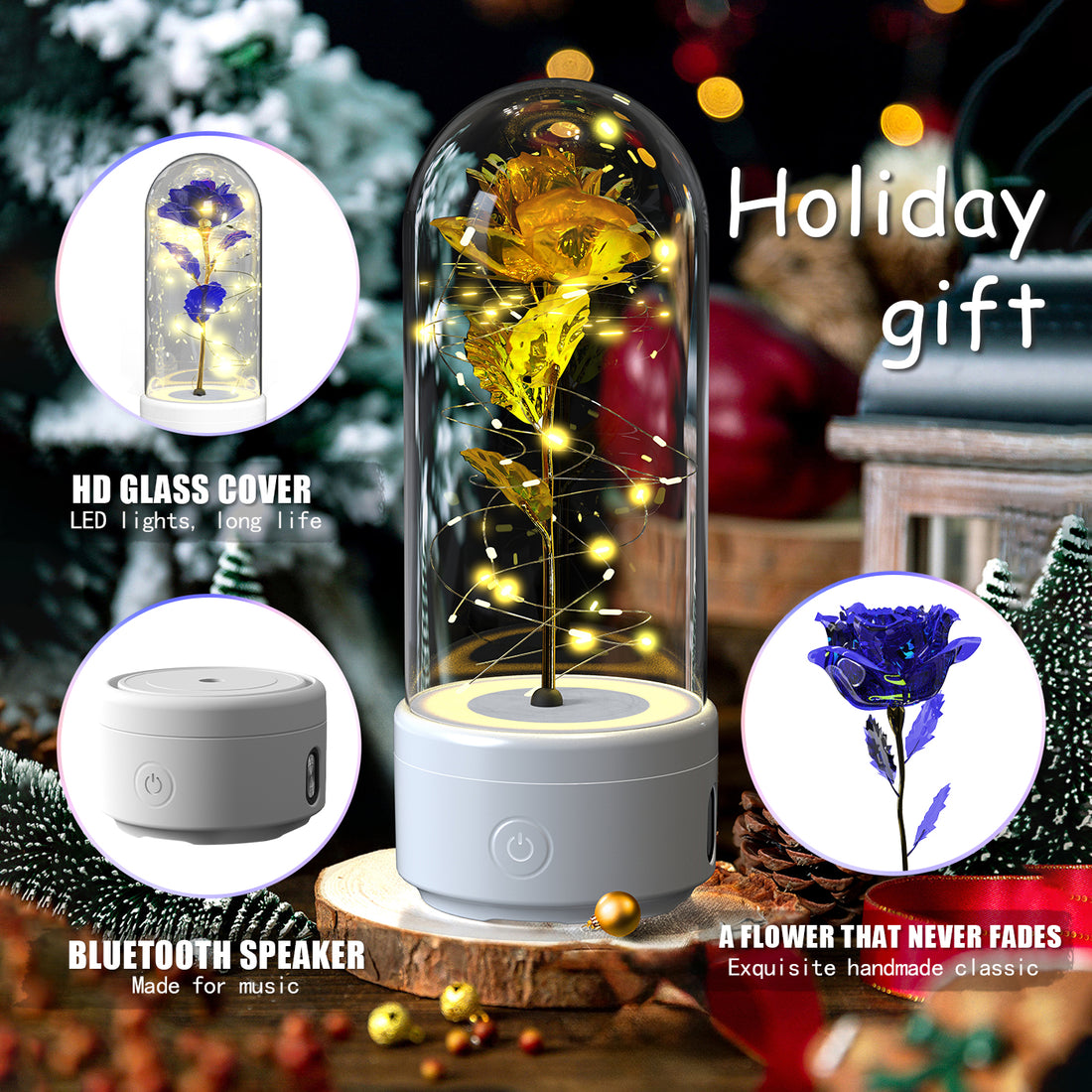 Gold rose Bluetooth speaker lamp with no glass cover and blue flower callouts, holiday gift