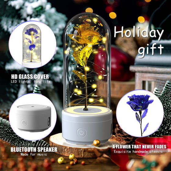 Gold rose Bluetooth speaker lamp with no glass cover and blue flower callouts, holiday gift