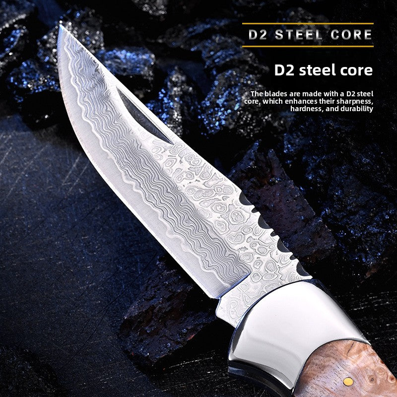 Damascus Steel Wood Resin Handle Folding Knife