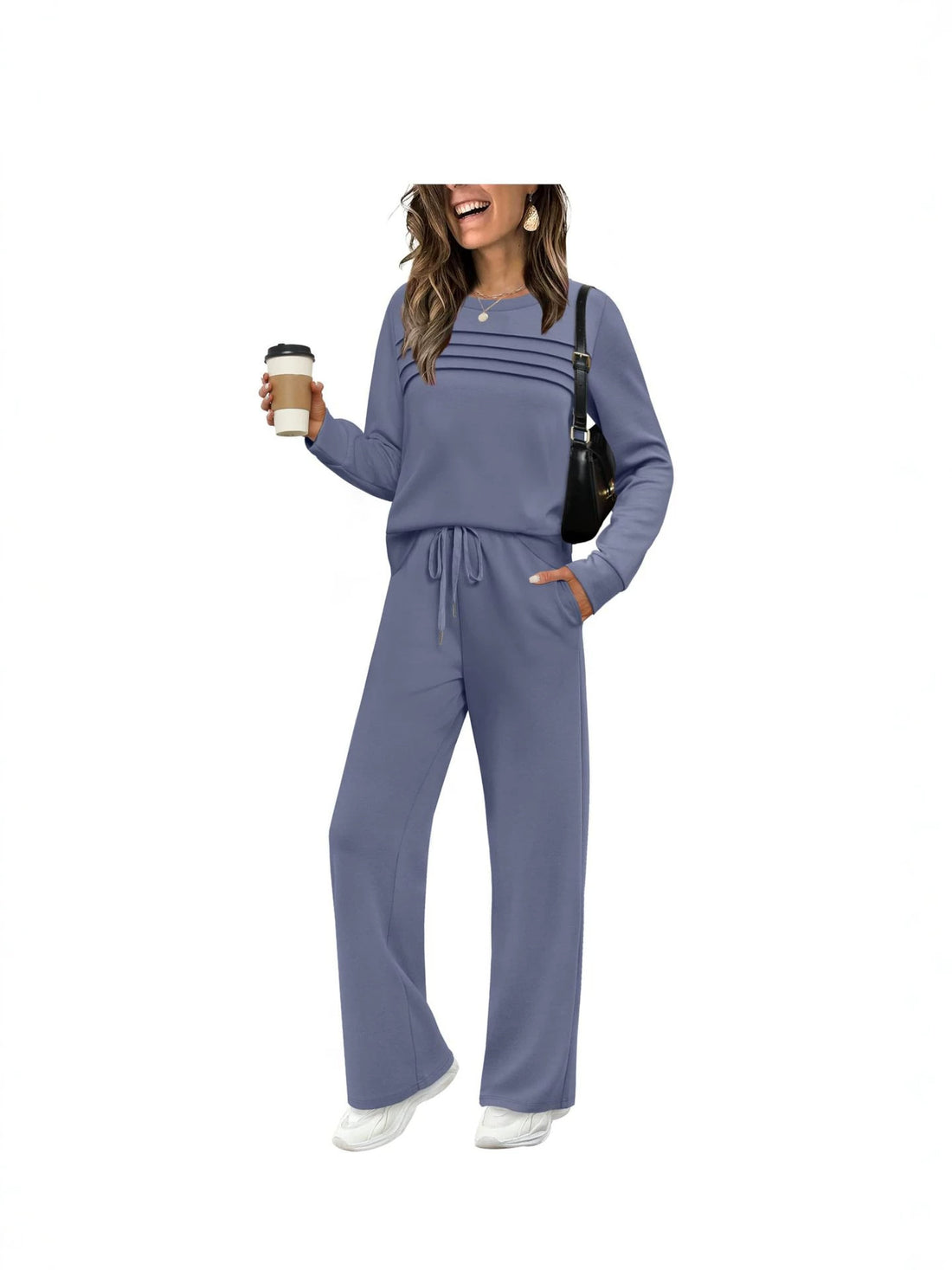 Women's pleated knit sweatshirt and wide-leg trousers set, photo 1