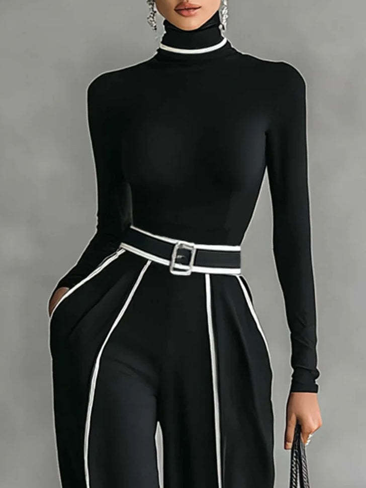 Black knit stand-collar top and wide-leg pants two-piece set, photo 4