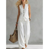 Women Solid Color Sleeveless Linen Vest and Pants Set