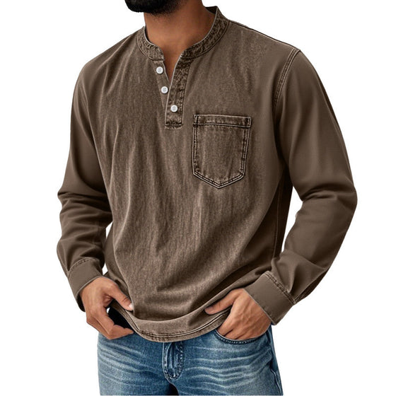 Printed three-button long-sleeved T-shirt