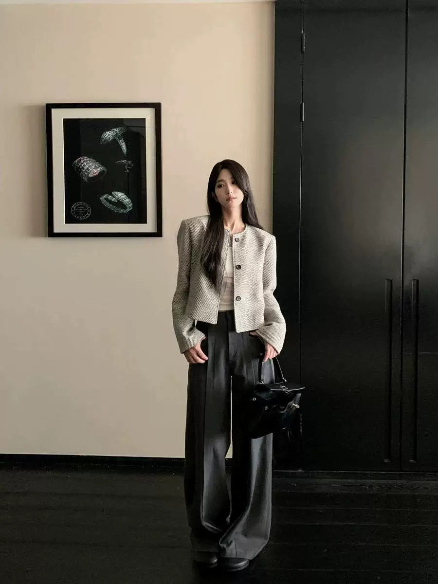 Women's Short Tweed Jacket Round Neck Long Sleeve Coat