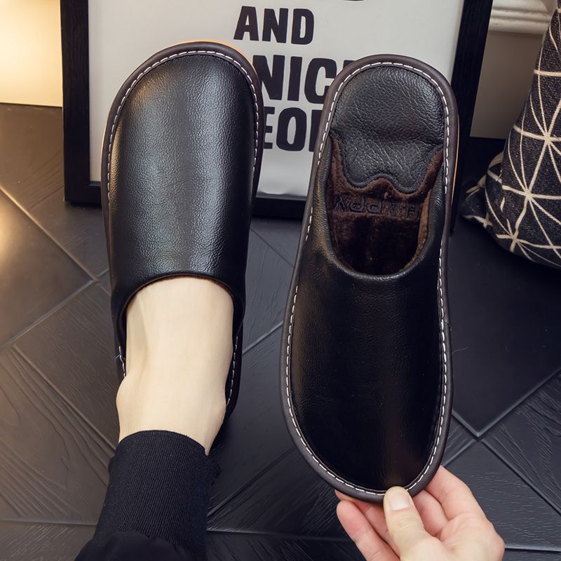 Genuine Leather Plush Lined Non-Slip Thick Sole Closed Toe Indoor Home Slippers for Men Women Winter Warm House Shoes