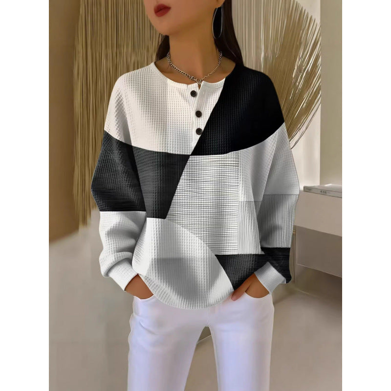 Women's 3D Printed Slim Fit Waffle Knit Stand Collar Long Sleeve Polo Shirt