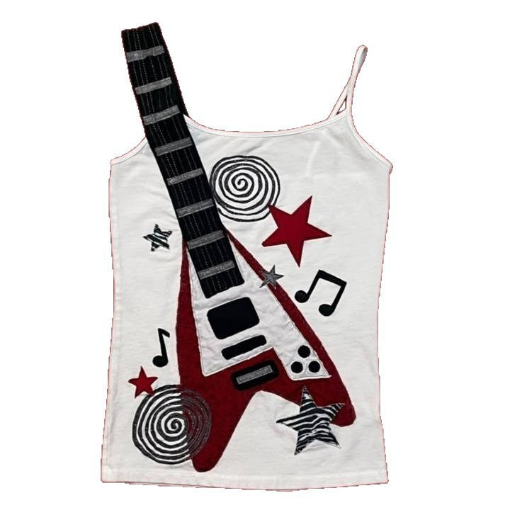 Y2K Guitar Rhinestone Camisole Top with Heart Star Print