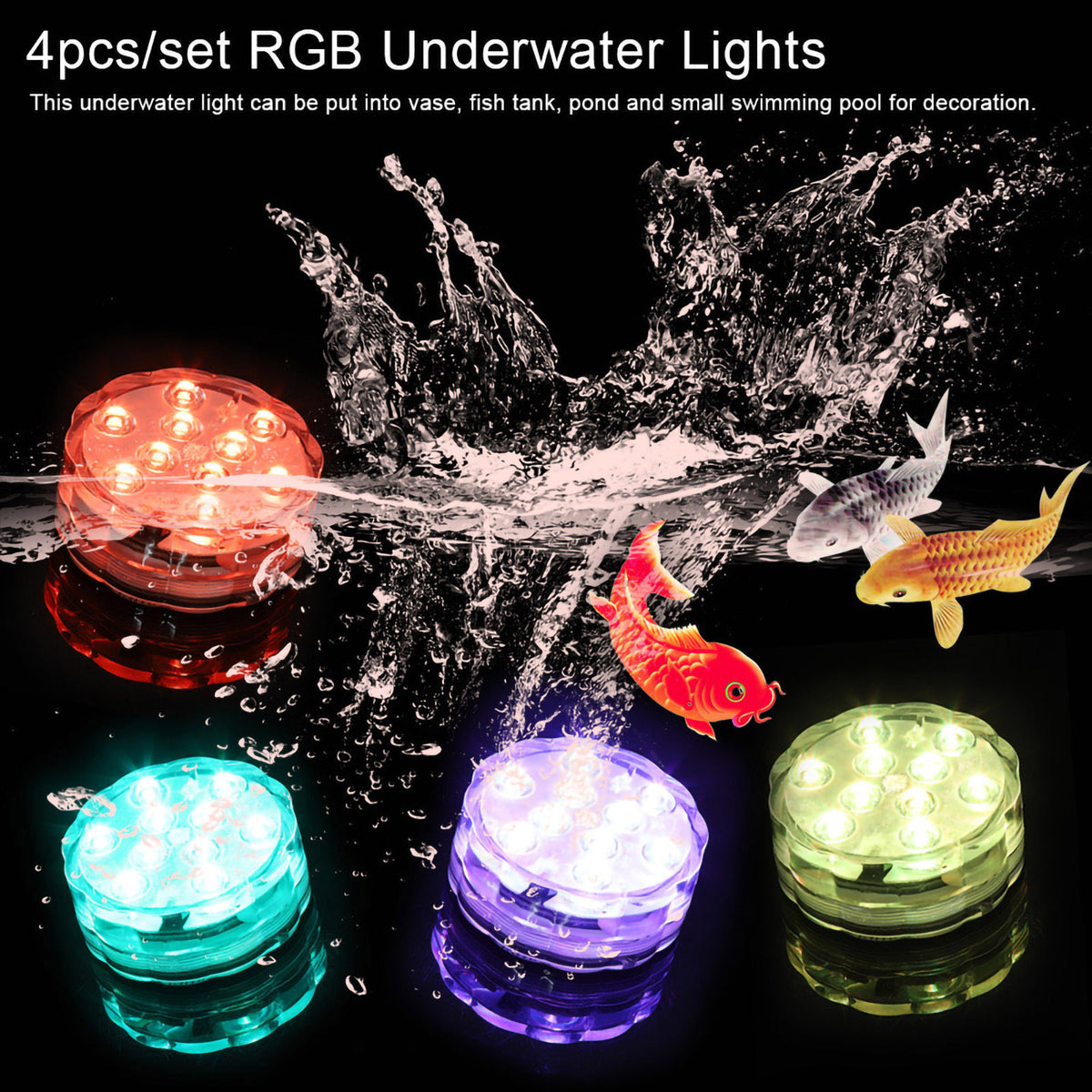 Submersible LED lights glowing in glass vases