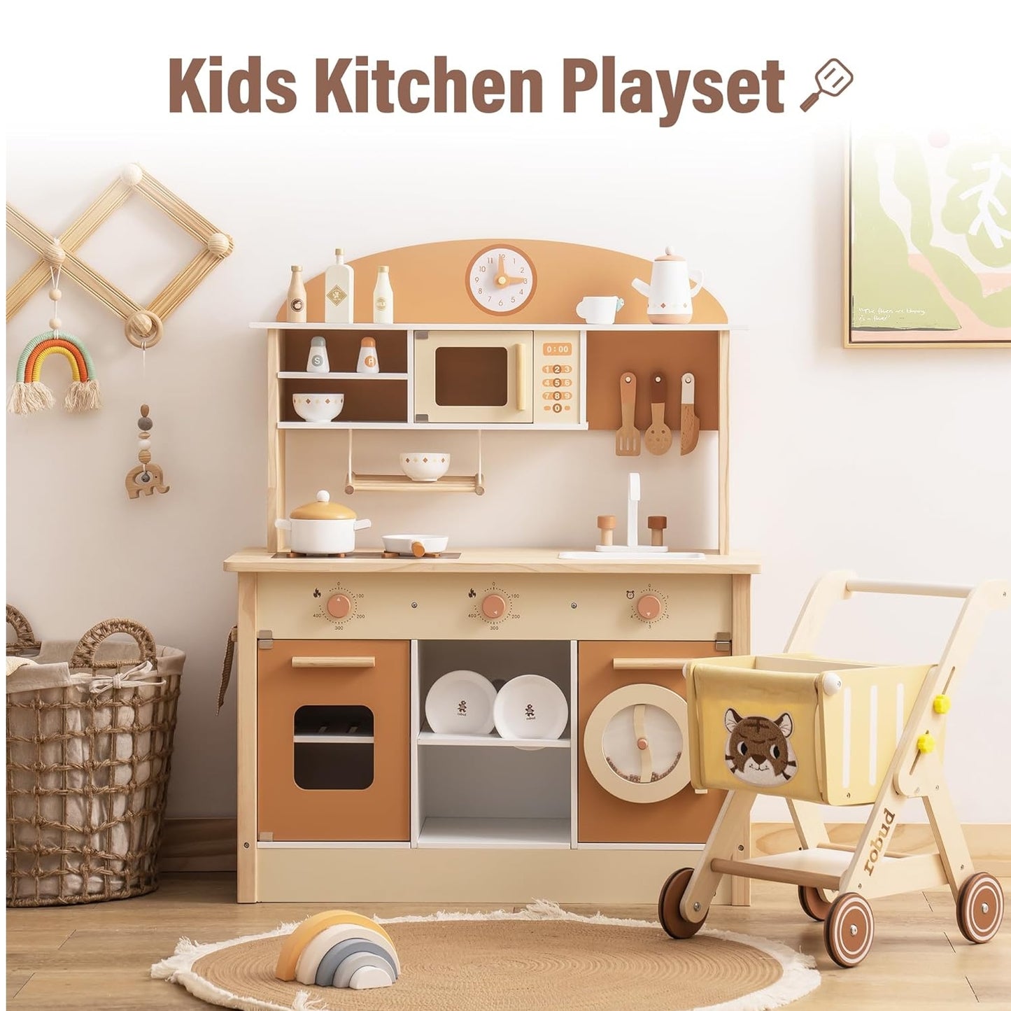 Robud Large Wooden Kids Kitchen Playset with Accessories