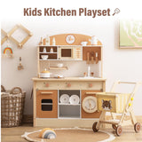 Kid playing pretend cooking at wooden kitchen