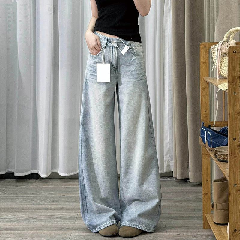 Retro Blue High-Waist Wide-Leg Distressed Denim Jeans for Women