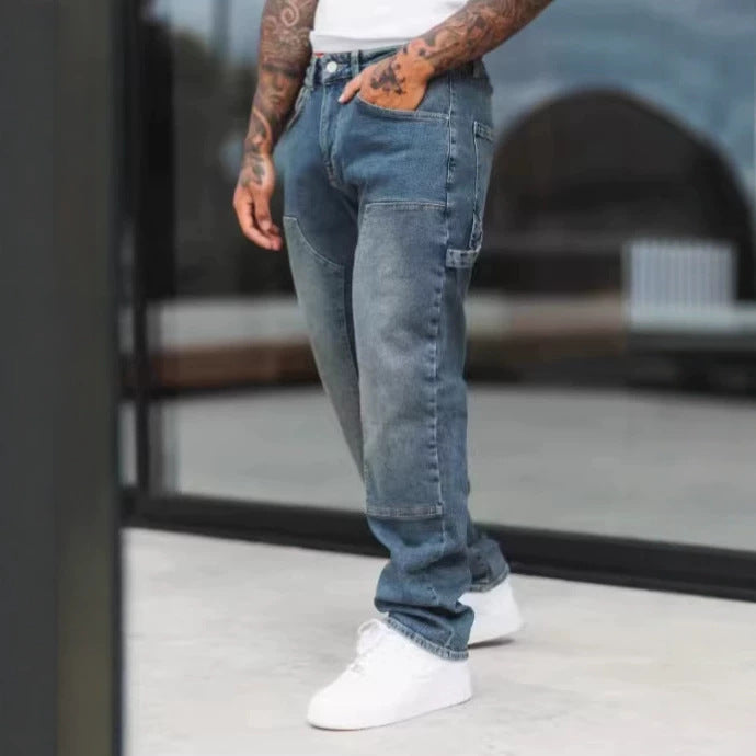 Mens Patchwork Loose Fit Jeans Straight Trousers