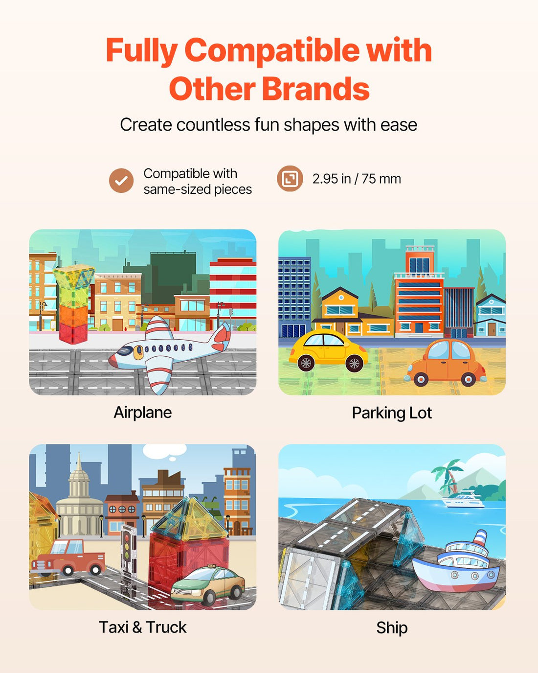 Magnetic road tiles in city scenes: airplane, parking lot, taxi and truck, ship