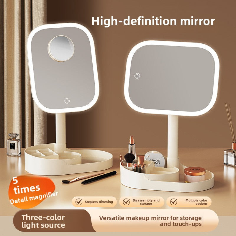 Three-Color Lighting Foldable Makeup Mirror with 5X Magnification Detachable Lens
