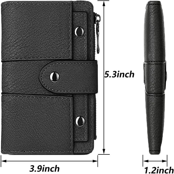 Black bifold wallet with 3.9 x 5.3 x 1.2 inch dimensions