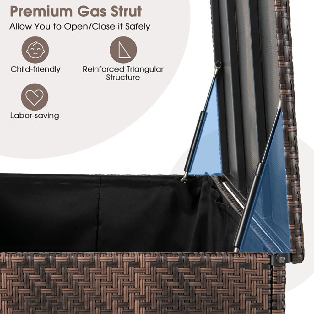 Wicker storage box positioned beside patio furniture