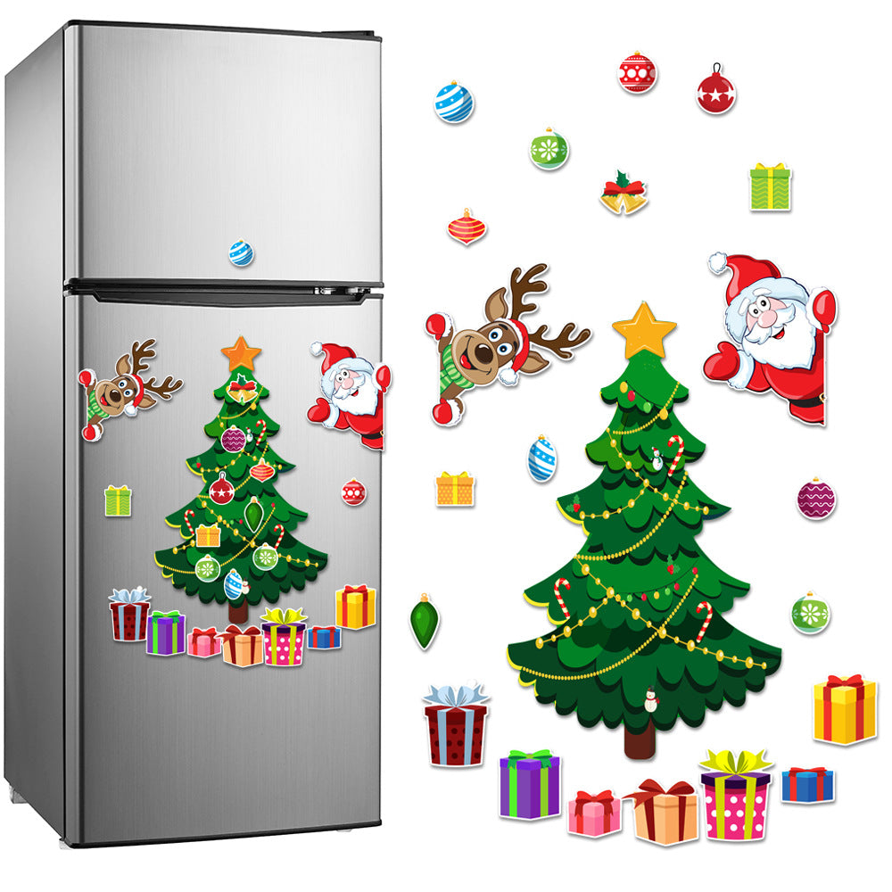 Two Christmas tree decal sets with Santa and reindeer on a stainless steel fridge
