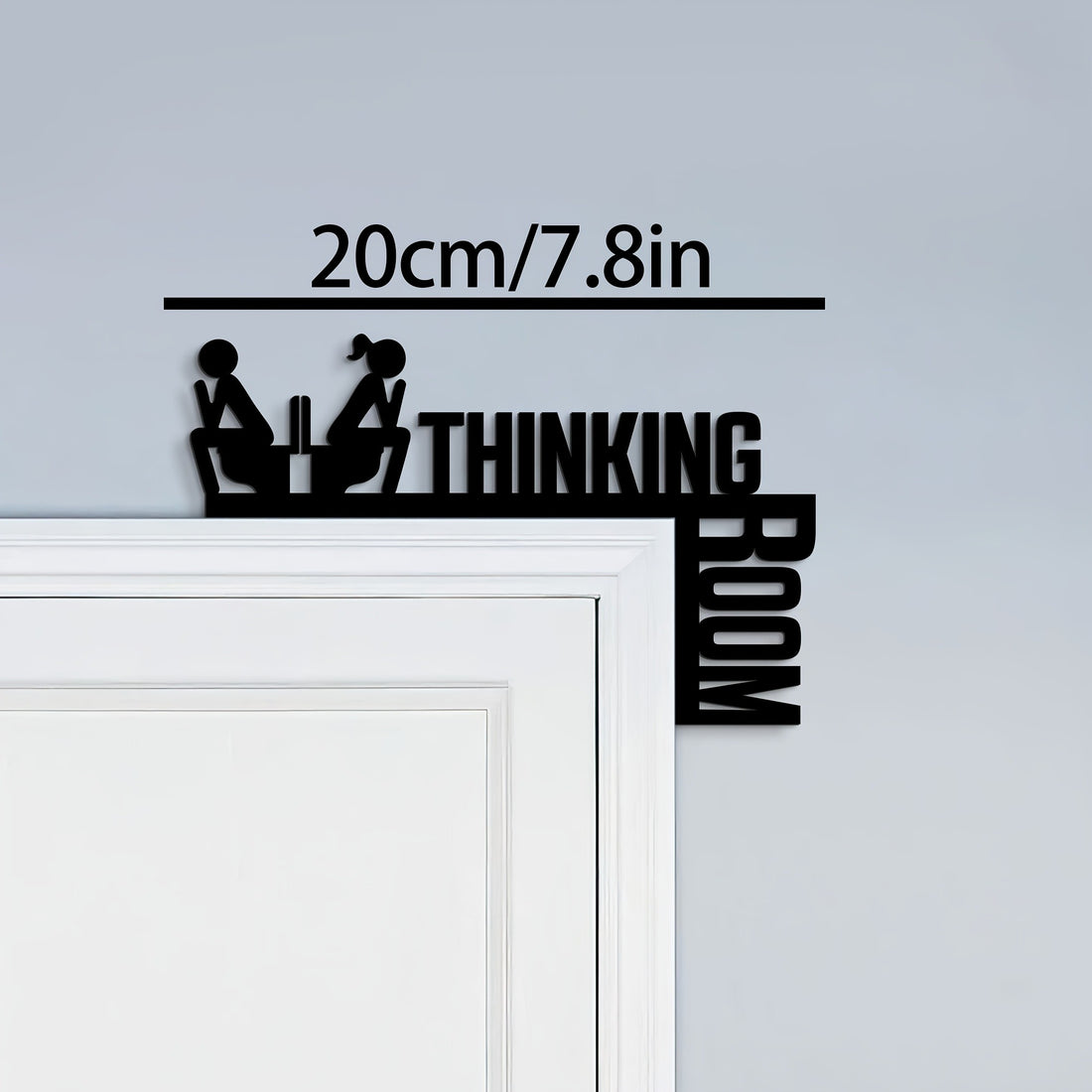 Black Thinking Room metal door corner sign, 20 cm wide, on a white door frame