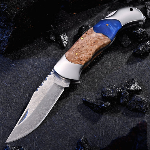 Damascus Steel Wood Resin Handle Folding Knife