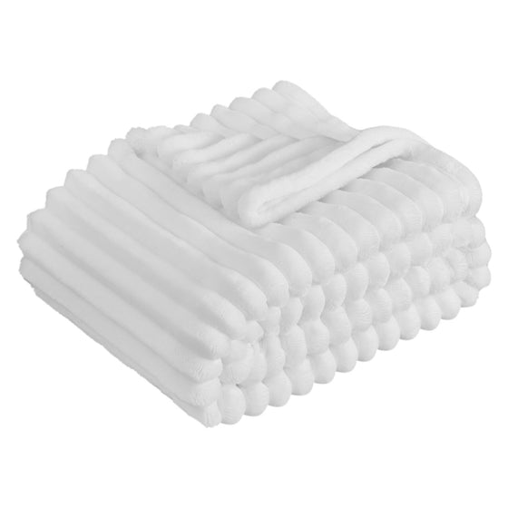 Folded white ribbed fleece throw blanket