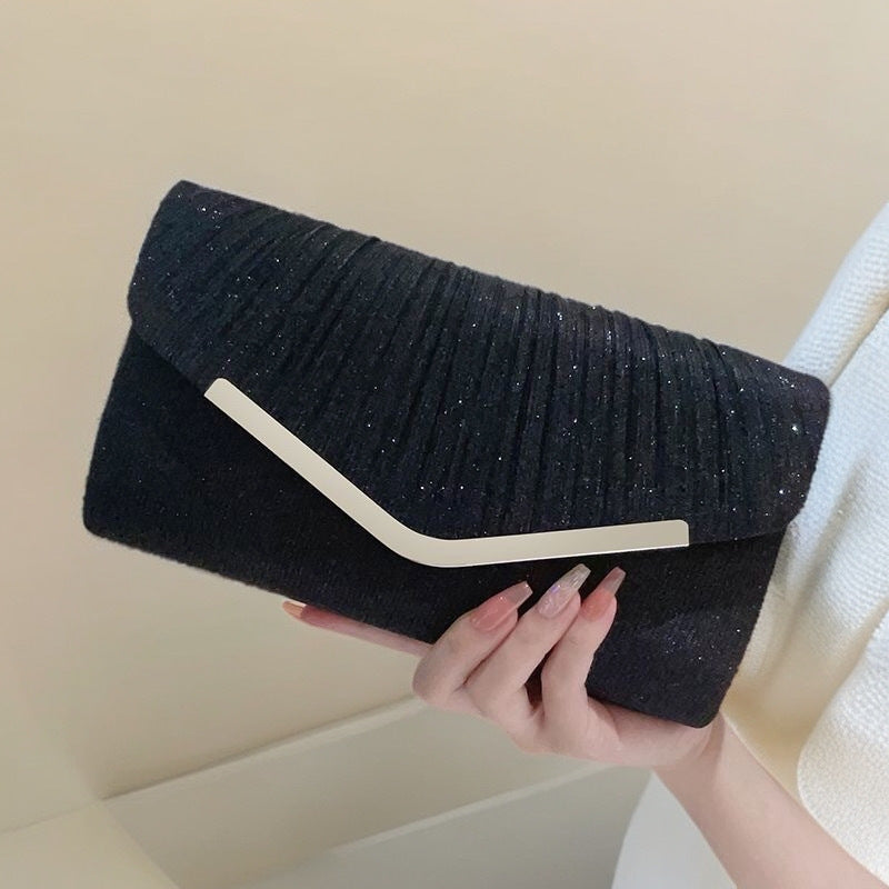 Women?s Shiny Pleated Large Capacity Handbag Evening Clutch Crossbody Bag