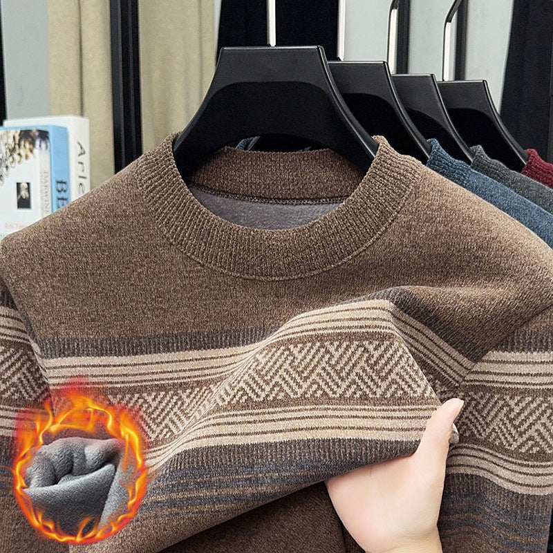 Men's Fleece Lined Striped Knit Sweater Crew Neck Long Sleeve Warm Pullover