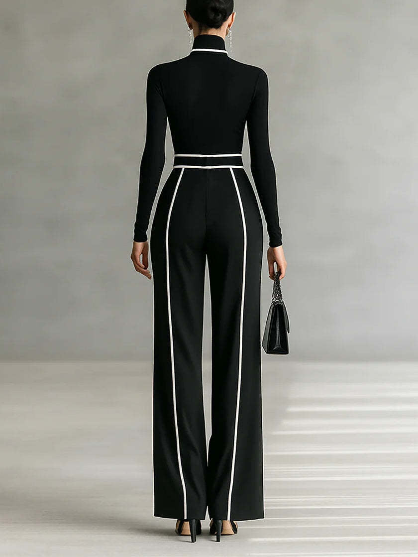 Black knit stand-collar top and wide-leg pants two-piece set, photo 2