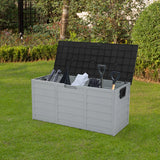 75-gallon patio storage box with lid closed on deck