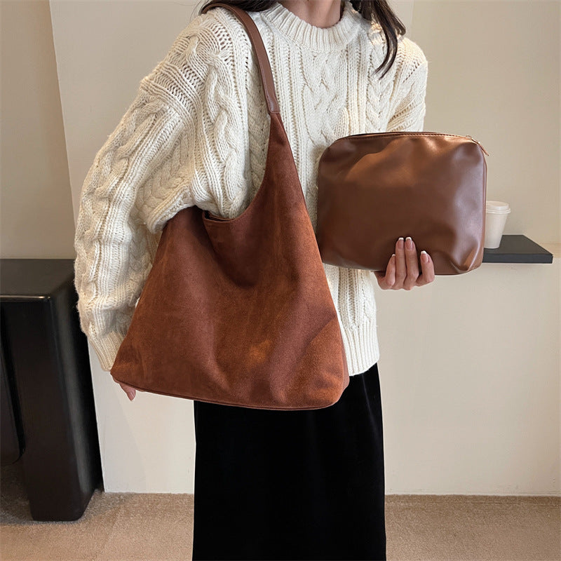 Retro Soft Suede Magnetic Buckle Large Capacity Bucket Shoulder Bag for Women