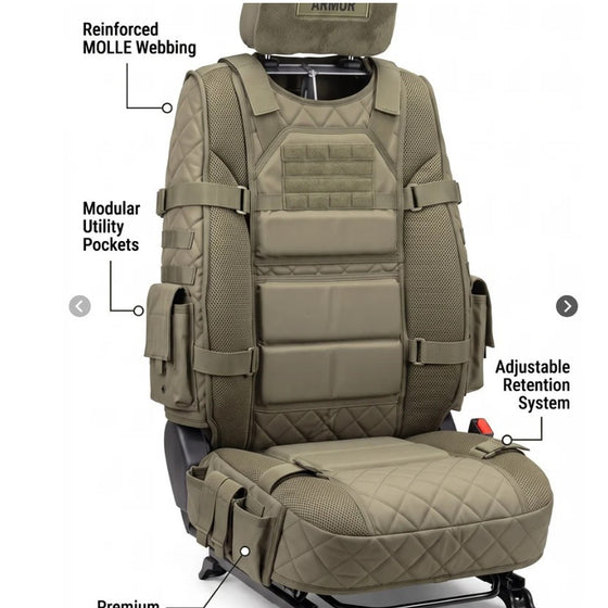 Car seat cover in army green, khaki and camouflage black