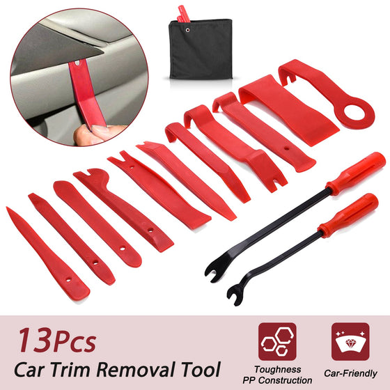 13-piece red car trim removal tool kit with pouch