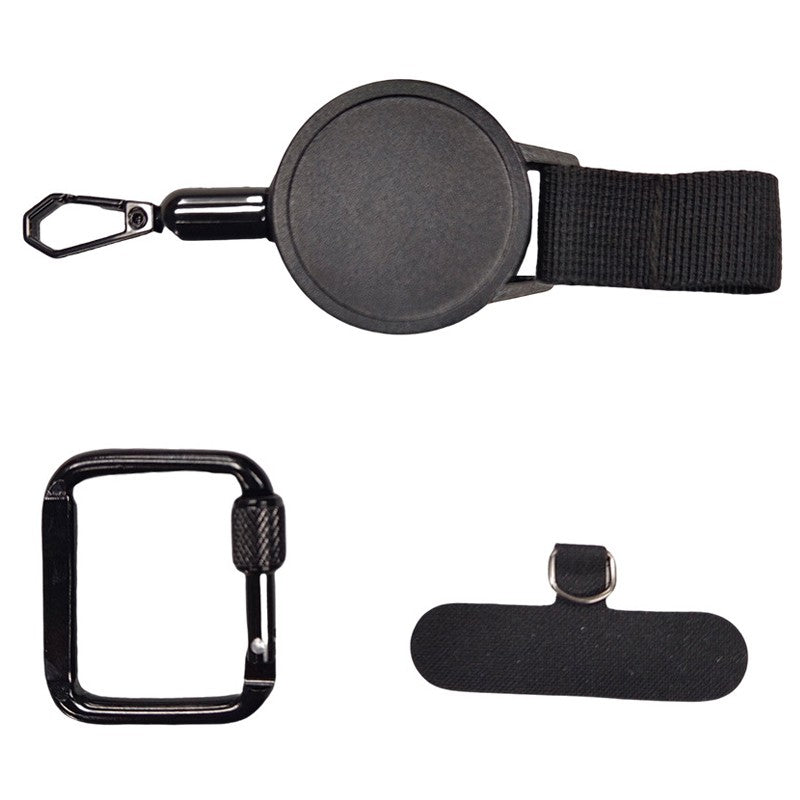 Retractable phone lanyard clipped to backpack strap