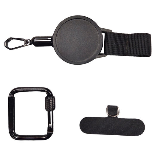 Retractable phone lanyard clipped to backpack strap