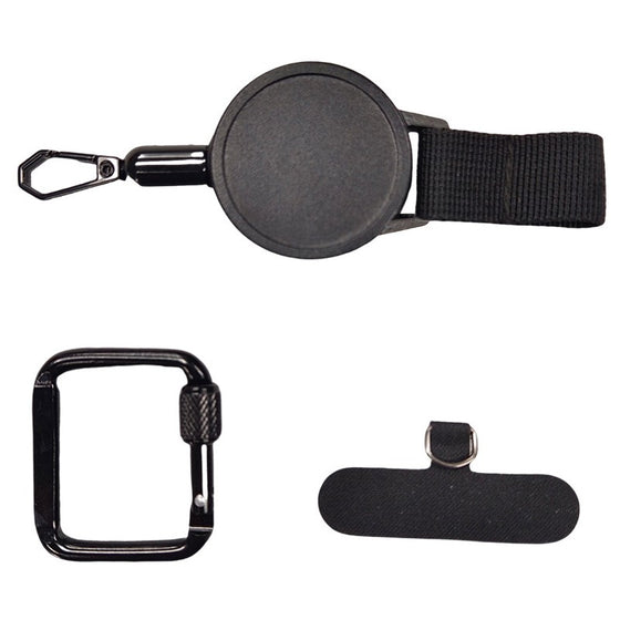 Retractable phone lanyard clipped to backpack strap