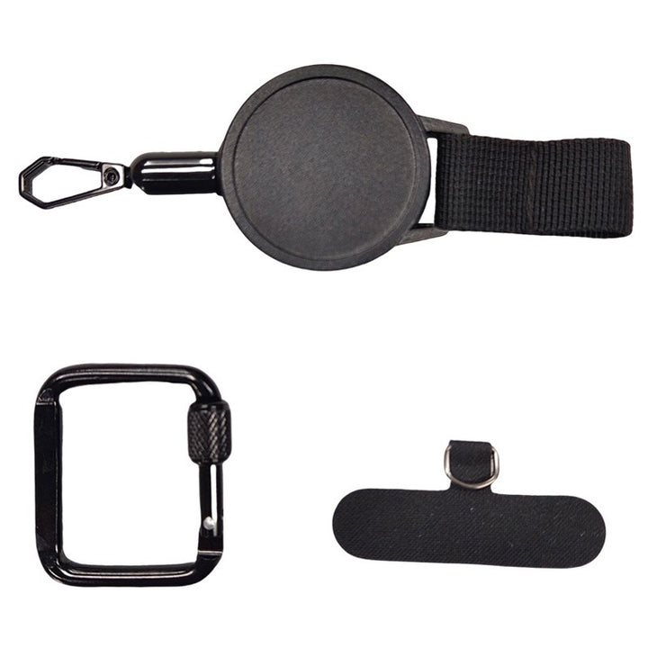 Retractable phone lanyard clipped to backpack strap