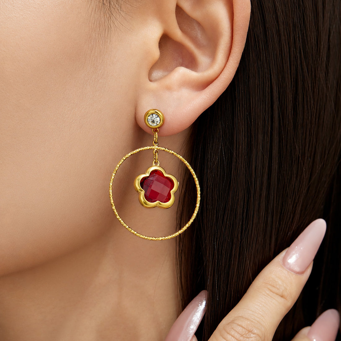 Large circle flower-shaped glass stone long earrings