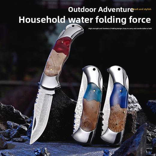 Damascus Steel Wood Resin Handle Folding Knife