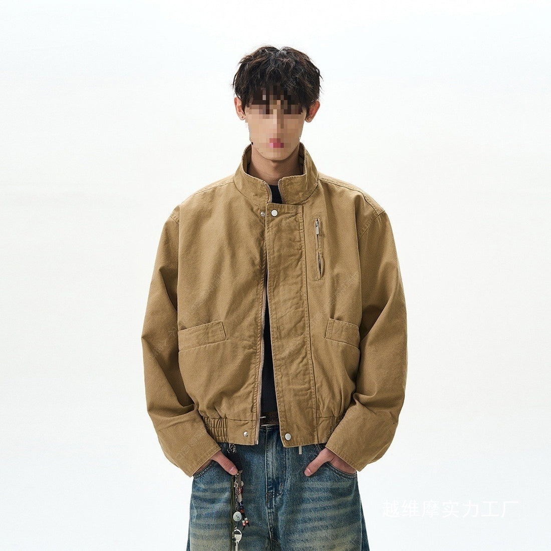 Men's Stand Collar Bomber Jacket Retro Loose Solid Outerwear